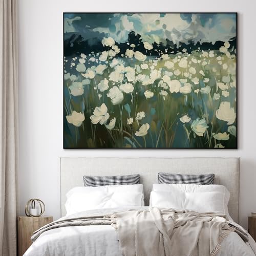 36"x46" Extra Large Framed Wall Art White Wildflower Field in Impressionist Style
