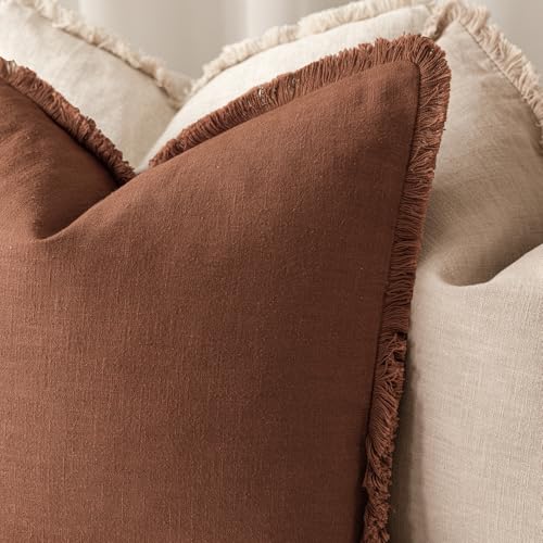 Decorative Linen Fringe Throw Pillow Covers 18×18 Rust Orange (2 Count)