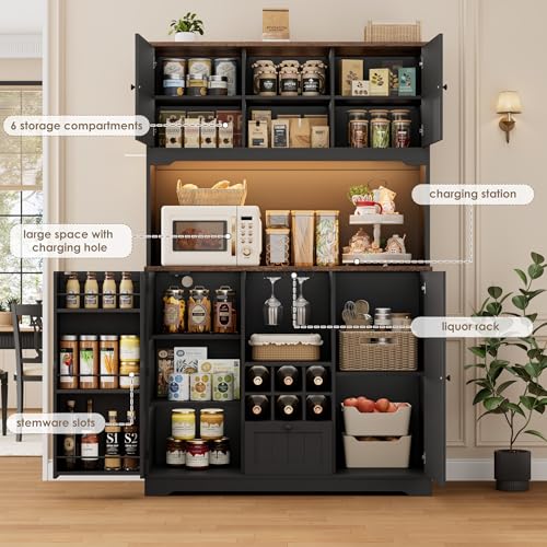 71" Kitchen Pantry Cabinet with LED Light and Charging Station