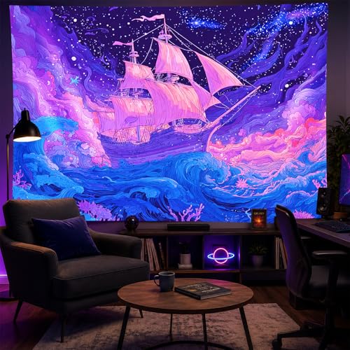 Blacklight Tapestry Ocean Ship Neon Wall Art 78 x 59 Inch