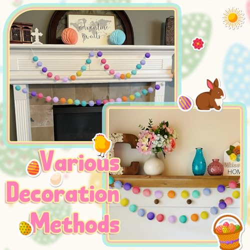 2 Pcs 2 Inch Large Pastel Pom Pom Garland Colorful Pastel Garlands Decor 13 ft Spring Felt Ball Banner for Home Classroom Mantle Decor Baby Shower Party Hanging Wall Decoration (2 Count)