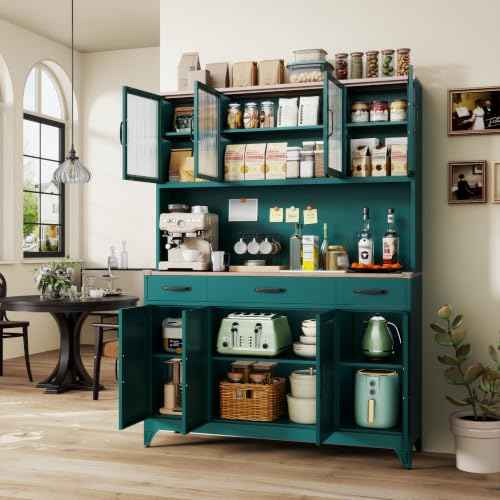 74.8" Tall Metal Pantry Cabinet with Charging Station & LED Light