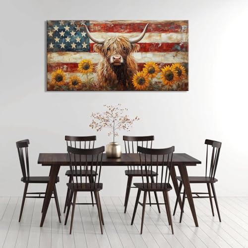 Country Highland Cow Wall Art for Living Room Rustic Retro Vintage American Flag Sunflower Canvas Painting Prints Highland Cattle Artwork Farmhouse Bedroom Office Decor