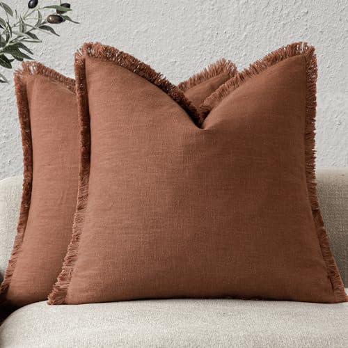 Decorative Linen Fringe Throw Pillow Covers 18×18 Rust Orange (2 Count)