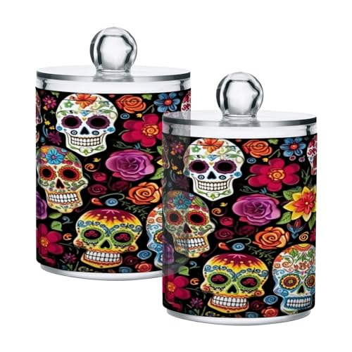 Colorful Skulls 2PC Airtight Transparent Plastic Storage Jar Food Storage Container Plastic for Food Herbs Tea etc with Storage Lid easy to use and clean With lid Easy To Use (2 Count)