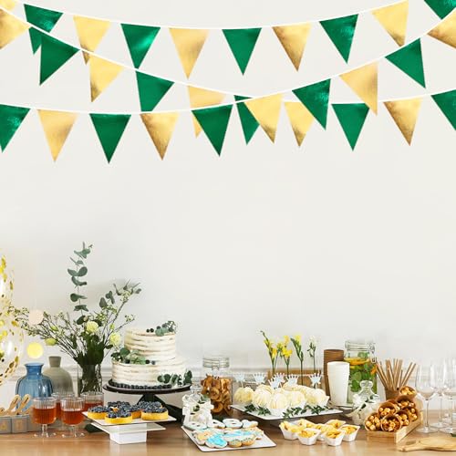 Green Gold Party Decorations Metallic Fabric Triangle Pennant Banner Flag Bunting Garland for Graduations Birthday Retirement Wedding Shower Spring Summer Master Golf Themed Outdoor Party Supplies