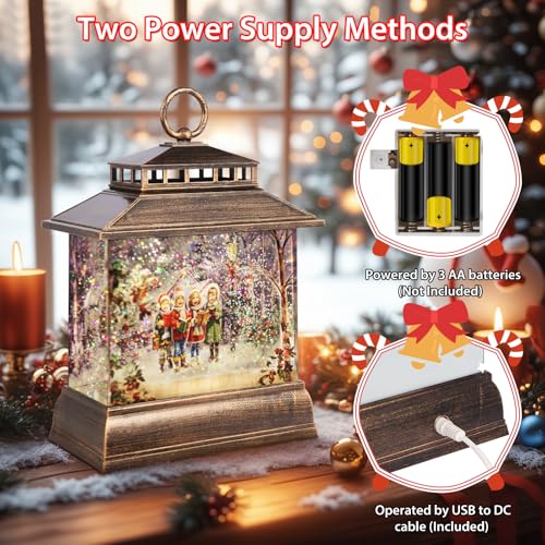 Christmas Snow Globe Lantern Water Glittering Lantern with 8 Songs & 6H Timer Romote Control Christmas Snow Globes USB & Battery Operated for Christmas Festival Decorations Gifts