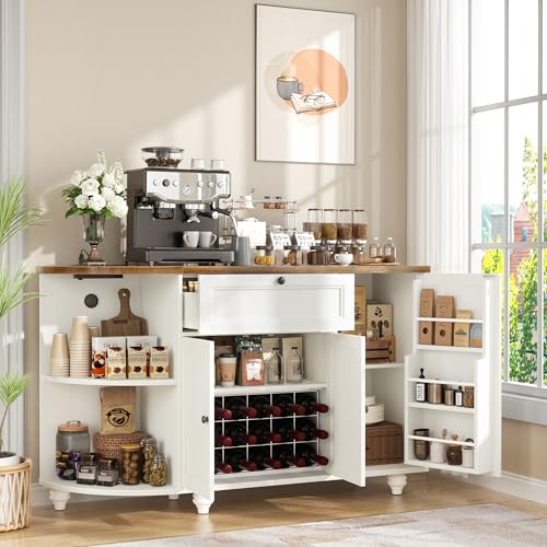 55" White Farmhouse Coffee Bar Cabinet with Charging Station