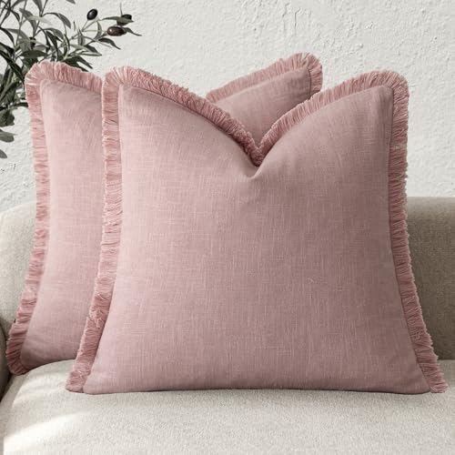 Decorative Linen Fringe Throw Pillow Covers 18×18 Inch (2 Count)