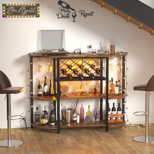 Tiger Grain 47" Curved Farmhouse Wine Bar Cabinet with RGB LED Lights & Power Outlets