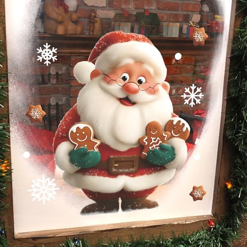 Christmas Window Clings for Glass 1 Sheet Santa Window Decals with Gingerbread Man Designs Window Stickers Cute Windows Cling for Winter Party Supplies Home School Office Glass Decorations