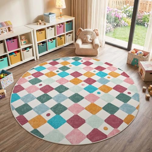 8ft Kids Round Rug Washable Classroom Rug Colorful Mat Confetti (50.27 Sq Ft)