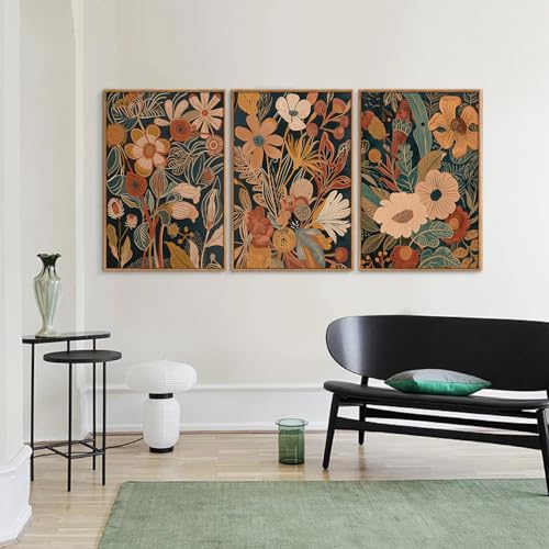 Vintage Burnt Orange Floral Framed Canvas Wall Art Set of 3 (3 Count)