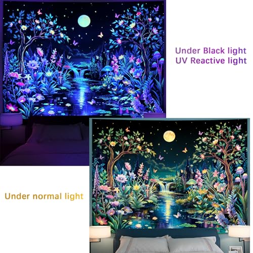 Blacklight Fantasy Forest Tree Tapestry UV Reactive Floral Plant Tapestries Trippy Moon Butterfly Wall Art Decor Nature Landscape Wall Hanging for Bedroom