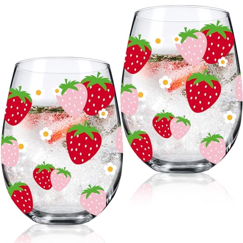 2 Pack 17oz Strawberry Stemless Wine Glasses for Women Strawberry Cups Colorful Conversation Drinking Glass for Gift Birthday Party Supplies Graduation Gifts Theme Events (2 Count)