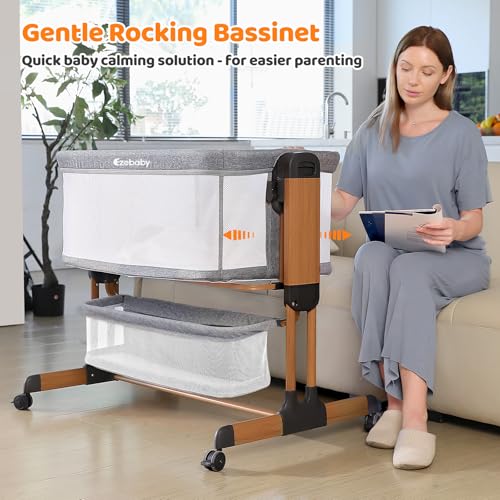 3-in-1 Baby Bassinet, Rocking Baby Bassinets Bedside Sleeper, Adjustable Portable Crib for Newborn Infant with Wheels Storage Basket and Mesh Sides