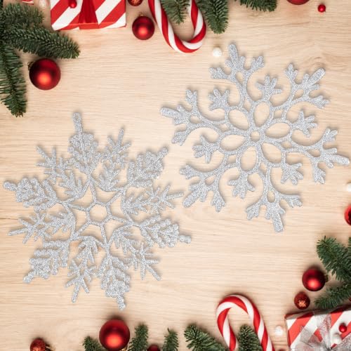 12pcs Large Silver Snowflakes Ornaments 12” Big Plastic Glitter Snowflake for Winter Indoor Outdoor Christmas Tree Window Room Decorations Giant Craft Snowflakes (12 Count)