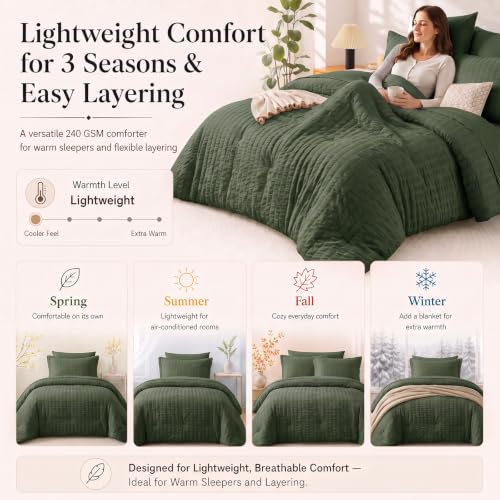 Full Size Comforter Set 7 Pieces Dark Green Seersucker Bed in a Bag