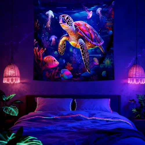 Blacklight Turtle Tapestry Glow in the Dark Ocean Tapestry Wall Hanging Black Light Sea Turtle Poster for Kids Teen Room Bedroom Decor 59.1" L x 59.1" W