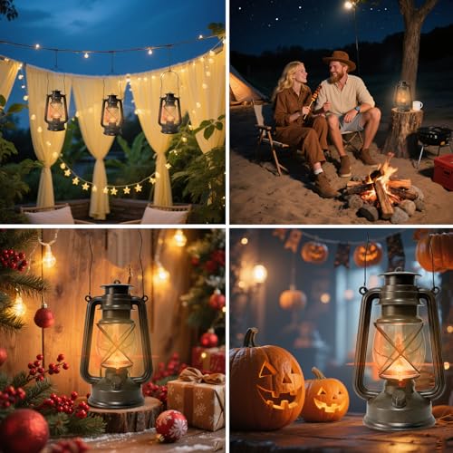 Vintage Lantern LED Outdoor Battery Powered Lanterns with Dancing Flame Wick Waterproof Camping Lamp Non