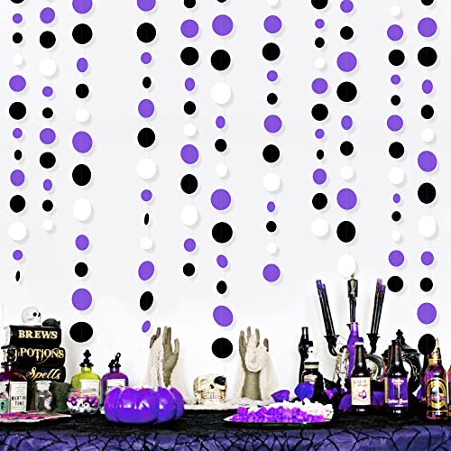 46Ft Purple Black Circle Dots Garlands Black Purple and White Polka Dot Hanging Paper Streamer Banners for Birthday Graduation Wedding Bridal Shower Halloween Party Decorations Supplies