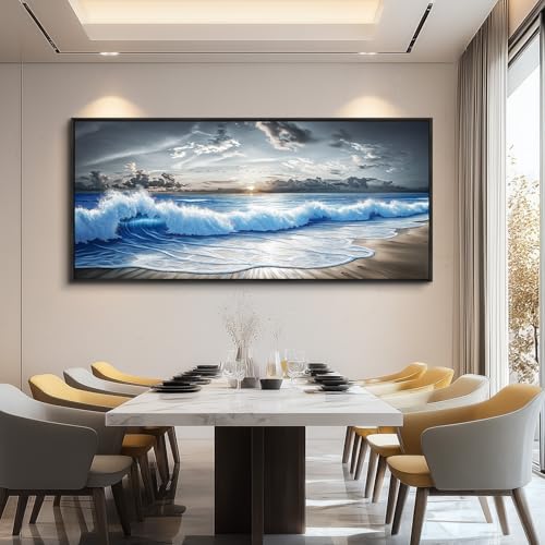 Large Canvas Modern Black White Printed Artworks Wall Decor For Living Room Wall Art For Bedroom Office Dining room Blue Ocean Wave Painting Wall Pictures Home Decor 32"X72" Black Frame