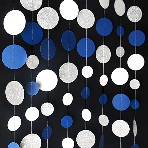 46 Feet Navy Blue White and Silver Circle Dots Garland Royal Blue Hanging Paper Polka Dots Streamer for Birthday Wedding Bridal Shower Nautical Ahoy Achor Graduation Party Decorations Supplies