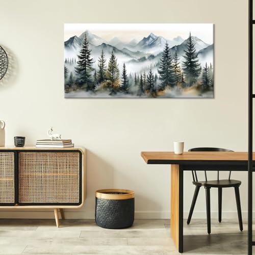 Watercolor Forest Wall Art for Living Room Modern Mountain Canvas Painting Prints Foggy Woods Bedroom Landscape Office Wall Art Decor