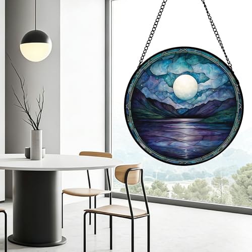 Blue Moon Lake Stained Glass Window Hanging Suncatcher Gift for Women 9.8"