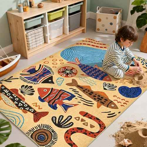 5x7 Coastal Area Rug Washable Kids Rug Colorful Ocean Fish Mat (35 Sq Ft)