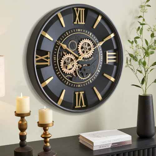 Mid Century Modern Black Gold 24 Inch Wall Clock with Moving Gears
