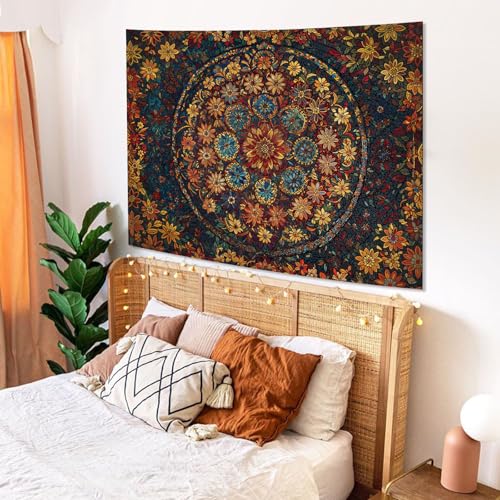 Boho Floral Mandala Tapestry Wall Hanging Vintage Bohemian Flower Medallion Tapestry Aesthetic Orange Stained Glass Hippie Small Tapestries for Bedroom Living Room Dorm Decor 48 x 36 Inch