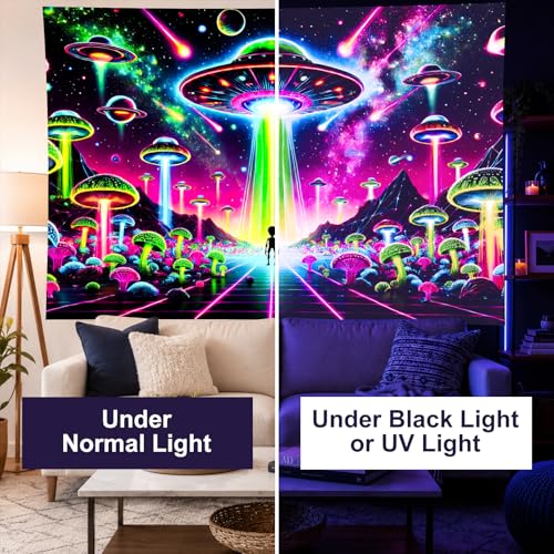 Blacklight Tapestry Alien UFO Neon Decor 78 x 59 Inch