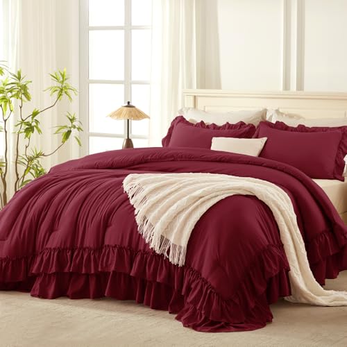 Burgundy Twin Size Ruffle Comforter Set