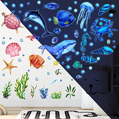 52 Pcs Ocean Fish Wall Decals Glow in The Dark Under The Sea Wall Decals Sea Life Animals Stickers Removable Waterproof Peel and Stick Decal for Girl Boy Kids Bedroom Nursery Bathroom (46 Count)