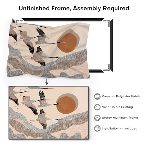 46"x72" Extra Large Framed Wall Art Flying Cranes Over Sunlit Hills Illustration for Home Living Room Bedroom Decor