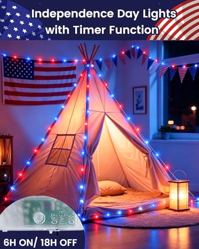 4 Pack 20 FT 60 LED Red White and Blue Battery Operated Fairy Lights Timer (4 Count)
