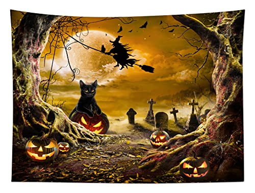 Halloween Wall Tapestry Horror Witch Cat and Dead Tree Pumpkin Lights with Spooky Graveyard Tapestry Orange Full Moon over Misty Forest Wall Decor for Bedroom Living Room Dorm 60x40 Inches