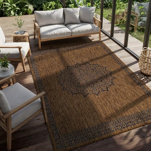 Outdoor Rug 10x14 Medallion Gold Modern Large Area Rugs for Indoor and Outdoor Patios Kitchen and Hallway Mats Washable Porch Deck Outside Carpet (140 Sq Ft)