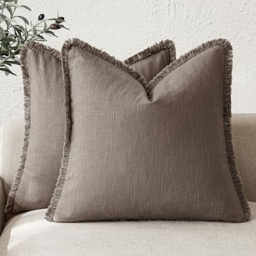 Decorative Linen Fringe Throw Pillow Covers 24×24 Light Coffee