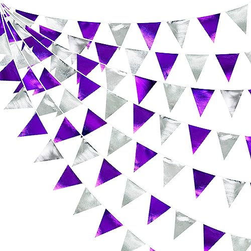 Purple and Silver Party Decorations Triangle Pennant Banner Flag Metallic Fabric Bunting Garland for Birthday Graduation Retirement Bachelorette Wedding Bridal Shower Engagement Disco Party Supplies (36 Count)