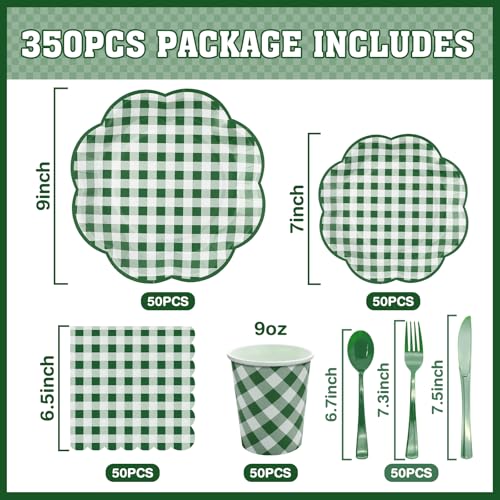 350 Pcs Green Gingham Plates and Napkins Party Supplies