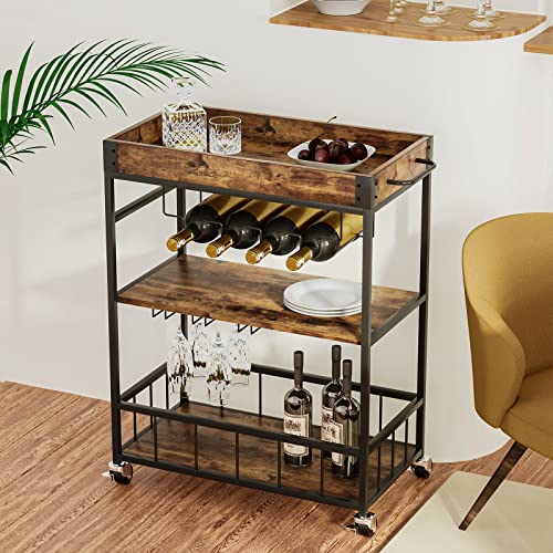 Bar Cart Serving Wine 3 Tier Home Rolling Rack with Wheels Mobile Kitchen Industrial Vintage Style Wood Metal Serving Trolley Serving Cart