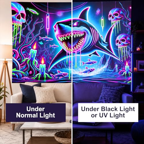 Blacklight Tapestry Shark Underwater Neon Decor 78 x 59 Inch