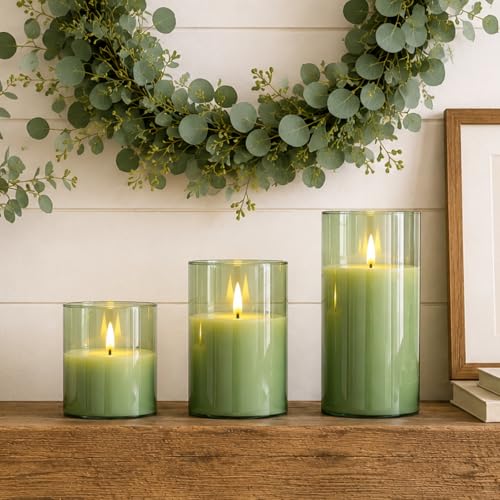 Sage Green Glass Flameless Candles (3 Count)