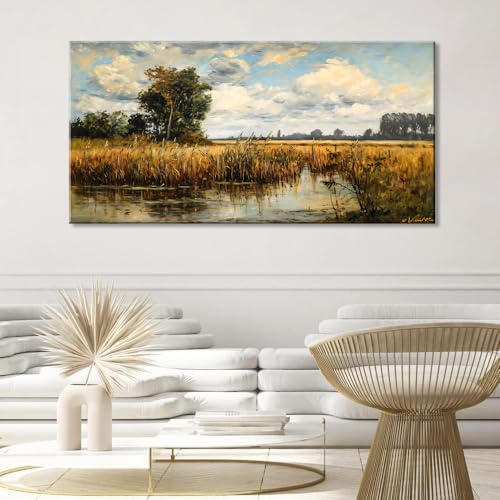 Beautiful Wilderness Meadow Canvas Wall Art Oil Painting Reproduction Print Vintage Wildflower Field Scenery Countryside Landscape Tree Rustic Retro Decor Artwork Country Farmhouse Living Room 24x48 Inches