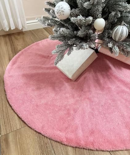 48 Inch Christmas Tree Skirt Faux Fur Pink Bright Silk Shiny Decoration for Christmas Tree Plush Merry Christmas Decorations Decor