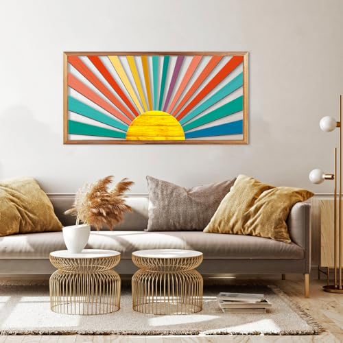 Large Boho Sun Wall Art Framed Wooden Art Wall Decor Colorful Rainbow Geometric Line Sunshine Artwork for Living Room Bedroom Office 16x32 Inch