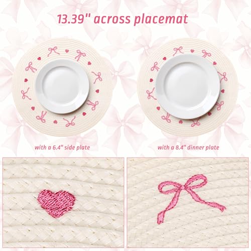4 Pcs Round Placemats White Pink Bow Embroidered Place Mats Coquette Bowknot Heart Dinner Table Mats for Home Wedding Baby Shower Birthday Party Decor (4 Count)