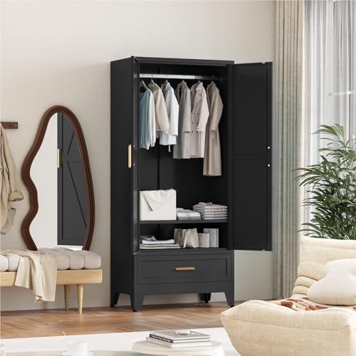 71'' Black Farmhouse Metal Wardrobe Cabinet with Hanging Rod